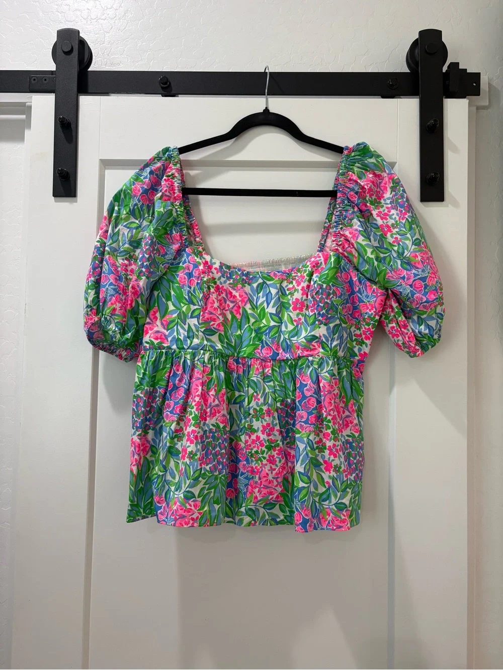 Lilly Pulitzer Pink, Green & Blue Floral Puff-Sleeve Peplum Top
